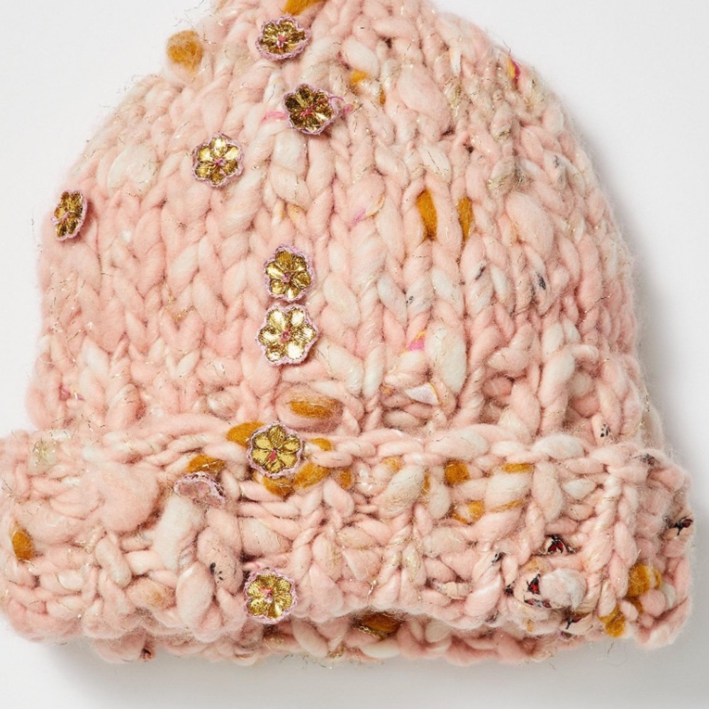 Pink Chunky Knit Beanie with Embellished Flowers